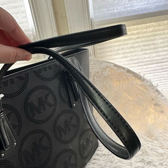 Michael Kors Voyager Large Black Leather Signature MK perforated Logo Tote Bag - Picture 11 of 14